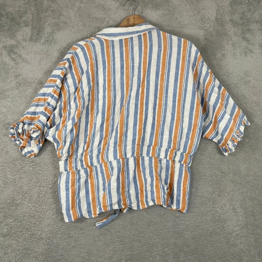 Marc New York Linen Blend Striped Peplum Top Womens Large Blue Orange Tie Waist